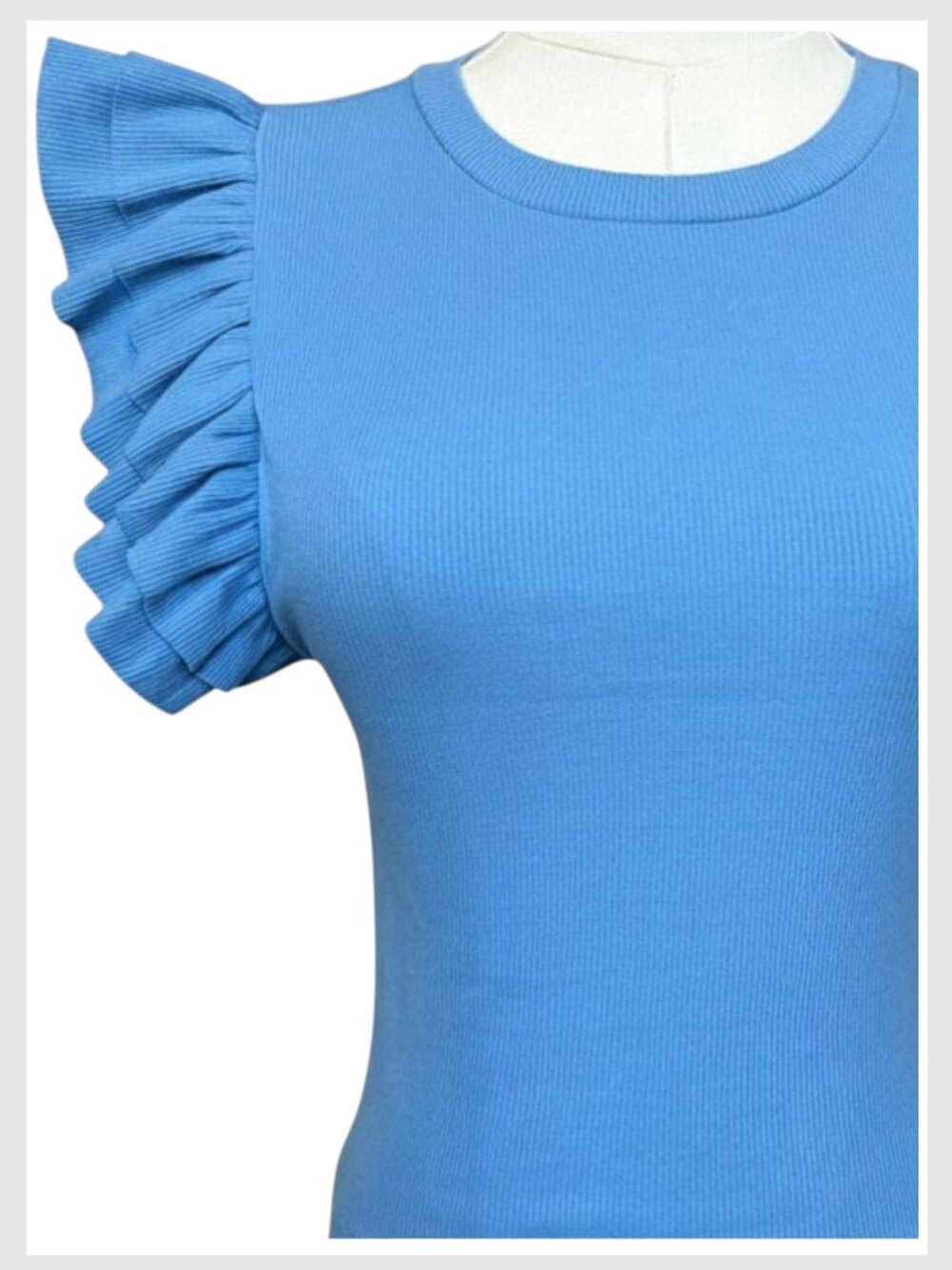Zara Ribbed Crop Top Blue Ruffle Sleeve Crew Neck M - Picture 3 of 7